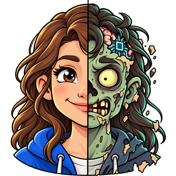 Portrait image of girl with half normal face and half zombie face